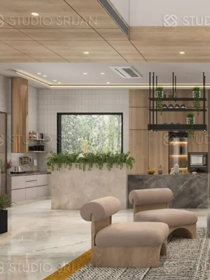 An open-plan living and kitchen area in Greenwood City. The design uses a consistent palette of wood and neutrals to unify the different functional zones.
