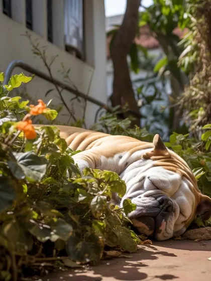 Finding a cool spot in the garden for a nap. This Bulldog is enjoying a peaceful rest among the green plants on a warm day.