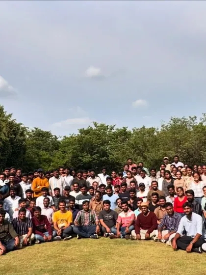 We are equipped to host large corporate groups for day outings or overnight camps. This photo captures the energy of a full company offsite, where every member gets to participate and enjoy the outdoors together.