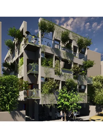 This render for our 'Coilspace' student hostel envisions a building where the facade is a living element. The design integrates extensive greenery, turning balconies and terraces into small gardens.