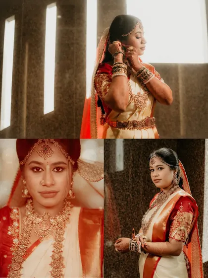 A moody and atmospheric collage of the bride getting ready, using dramatic lighting to create a cinematic feel.