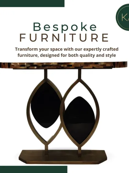 An artistic console table with a unique metal base and a patterned resin top. This piece is an example of our more sculptural and decorative furniture designs.