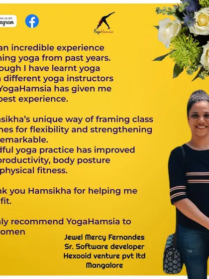 Jewel has practiced with many instructors but found her best experience with me. I'm thrilled that my unique class themes for flexibility and strengthening have improved her productivity and physical fitness.