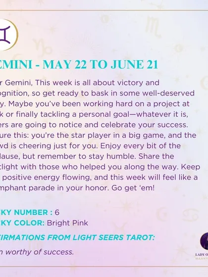 A triumphant weekly tarot prediction for Gemini. This week is all about victory and recognition, so get ready to bask in some well-deserved glory.