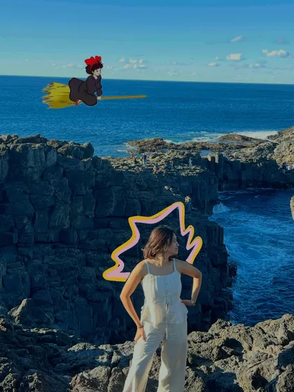 Kiki from 'Kiki's Delivery Service' flying by on her broomstick. I can add your favorite characters to your travel photos.
