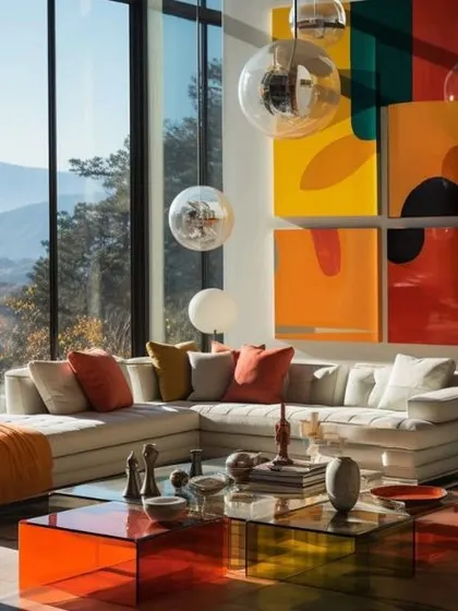 A collection of our vibrant, large-scale abstract commissions shown in various contemporary living spaces. Each piece is tailored to the room's architecture and color scheme, demonstrating the versatility of our custom art services for modern interiors.