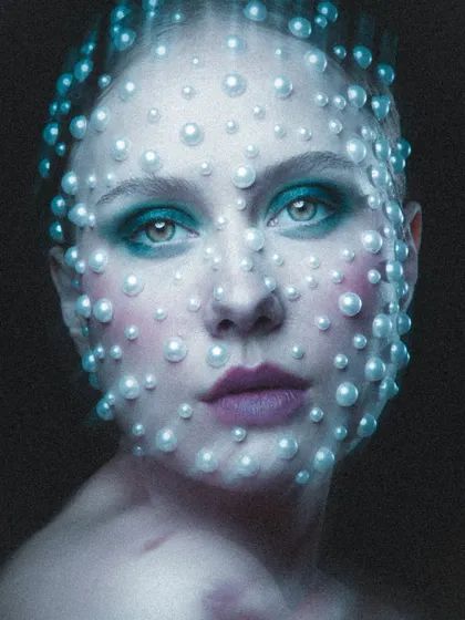 This celestial-inspired look is one of my absolute favorites. I meticulously applied each pearl to create a textural, otherworldly effect, pairing it with a soft teal eyeshadow and a muted lip to let the pearlwork shine. This is the kind of avant-garde makeup I love to create for conceptual shoots.