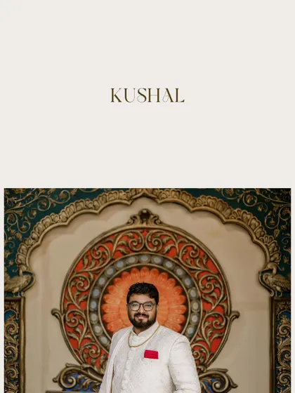An artistic portrait of the groom, framed to highlight his regal attire and the grand, colorful decor of the engagement venue.