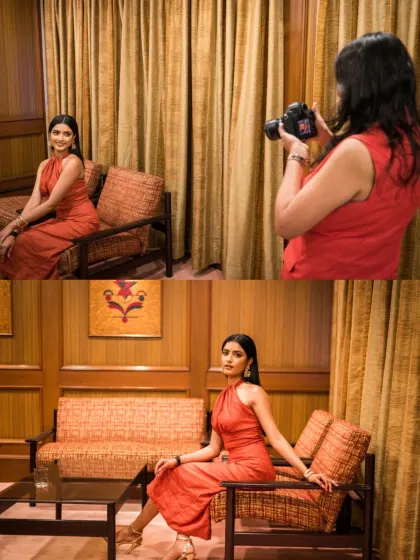 A behind the scenes look at me photographing Miss India World Nikita Porwal at the event. The bottom image shows the final portrait, capturing her elegance and poise.