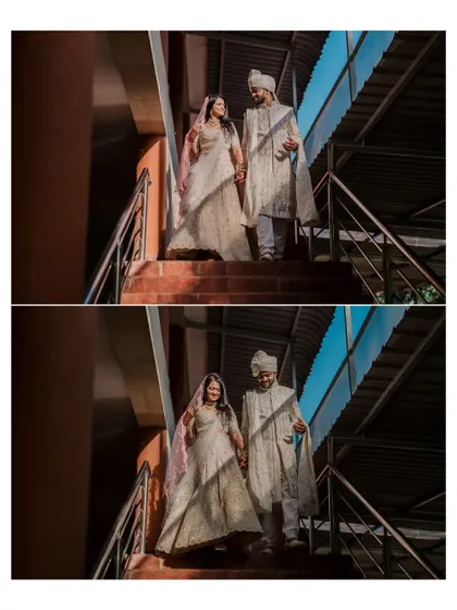 A collage of the couple walking down the stairs, hand in hand, capturing a simple yet elegant moment.