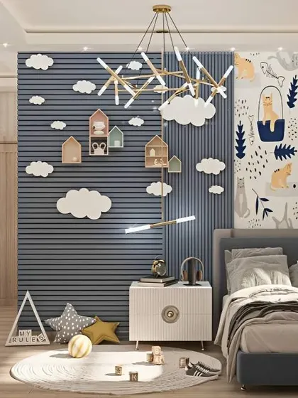 This playful kids' room features a mix of textures and shapes, with a fluted wall panel, cloud cutouts, and house-shaped shelves. The design is imaginative and full of interesting details.