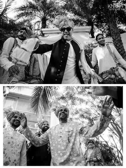 The groom's friends dancing and celebrating during the baraat. These black and white shots emphasize the joy and energy of the moment.
