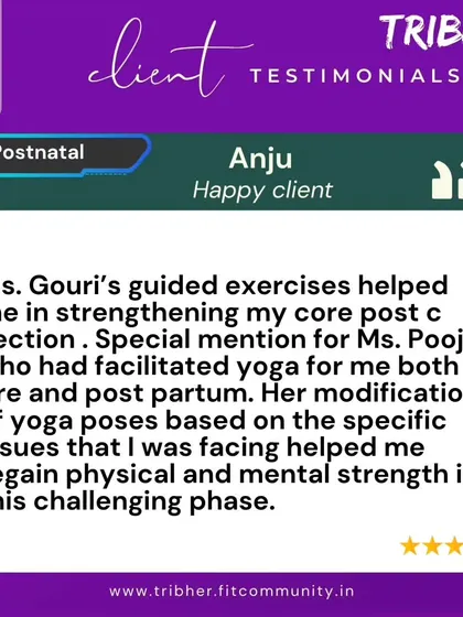 Anju gives a special mention to her coaches, Gouri and Pooja, for their guidance. She explains how the guided exercises helped strengthen her core post C-section and how modified yoga poses helped her regain physical and mental strength.