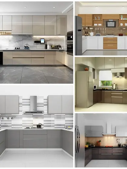 A collection of our popular modular kitchen designs. This shows various color palettes and layouts, including L-shaped, U-shaped, and parallel kitchens, to suit different apartment sizes and styles.