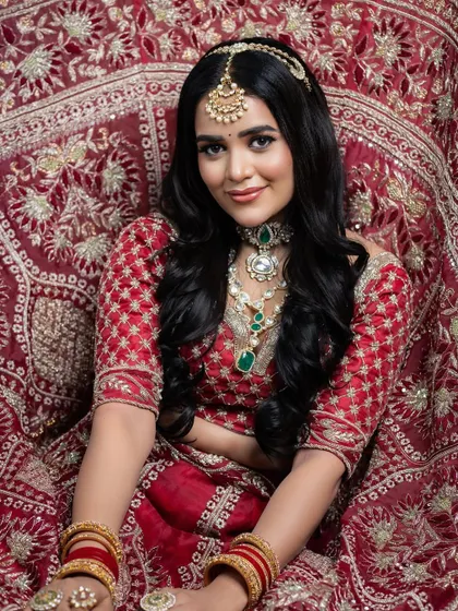 A beautiful, happy shot of the model, showcasing the complete look.