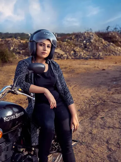 A full shot from the biker series. This look is all about attitude and confidence. The makeup is practical yet polished, suitable for an outdoor or lifestyle-focused brand campaign.