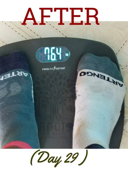 After: On day 29, the final weight was 76.4 kgs, a total loss of 7.8 kgs. His digestive health and mobility also improved significantly.
