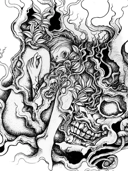 A surreal ink drawing about temptation, where a human figure is entangled with a skull and abstract, smoky tendrils. It's a reflection on the darker aspects of the mind.