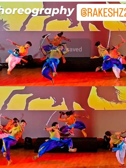 A collage of my dancers in a warrior-themed Chhau performance. The vibrant costumes and dynamic poses capture the energy of the piece.
