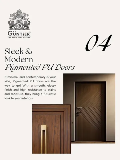 This sleek door with a pigmented PU finish features subtle diagonal grooves and a modern brass handle. It's a perfect example of how minimal design can still be incredibly impactful.