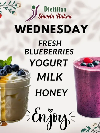 This Wednesday smoothie with fresh blueberries, yogurt, and milk is rich in antioxidants and probiotics. It's a perfect choice for gut health and a tasty treat.