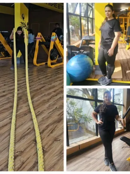 A collage of this client's training, showing the variety of exercises that contributed to her 20 kg fat loss.