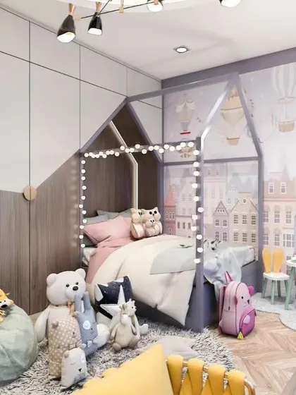 A duplicate of ID 74, this image shows a magical girl's room with a house-frame bed, fairy lights, and a playful mural.