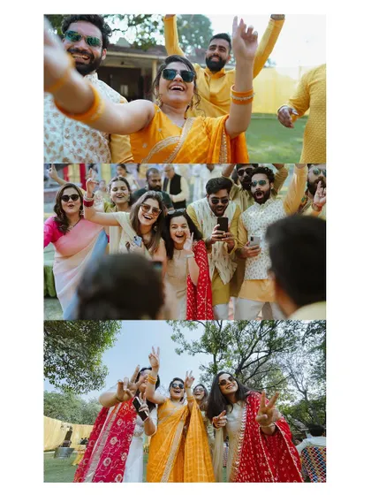 A collage capturing the fun and energy of a Haldi ceremony, from group photos to candid dancing moments.