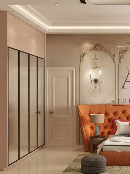 This royal bedroom design features a vibrant orange tufted wingback headboard, set against a wall with neo-classical arch murals.