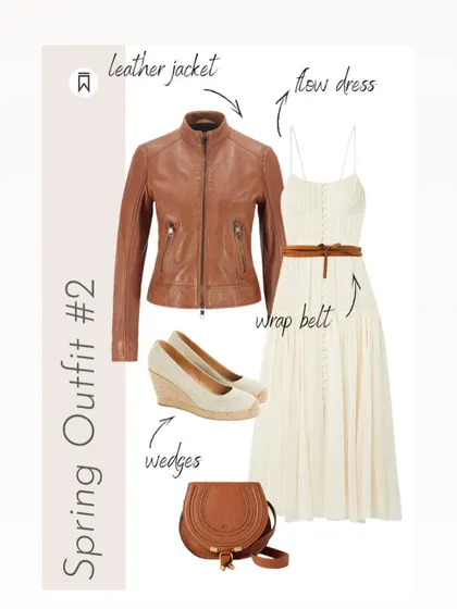 Spring Outfit Idea 8: A leather jacket can instantly edge up a feminine dress. I love this combination of a flowy white dress with a wrap belt and a structured moto jacket.