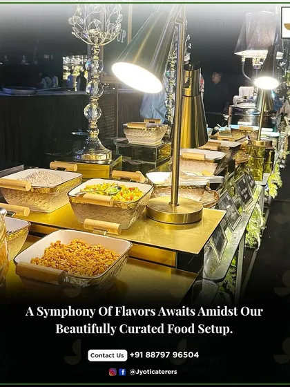 A close-up of a beautifully curated food setup, where a symphony of flavors awaits in neatly arranged glass and gold-rimmed bowls.
