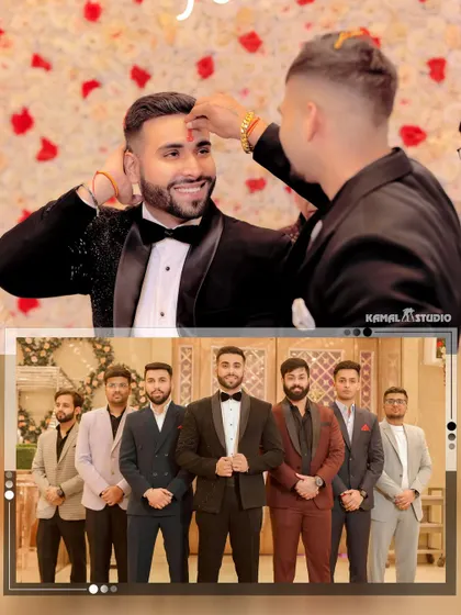A collage showing the groom with his groomsmen and receiving a traditional tilak before his engagement.