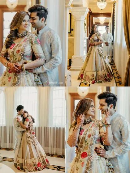 A collage of romantic portraits of the couple inside the beautiful interiors of the ITC Grand Bharat.