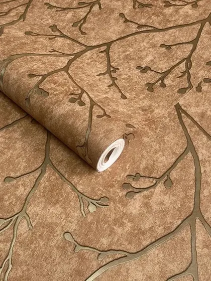 A close-up of a brown wallpaper roll with a metallic branch pattern, offering a warm, natural look.