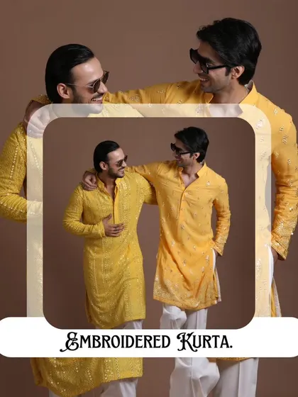 A graphic showcasing two embroidered kurta looks. It emphasizes how these pieces combine traditional charm with modern style, perfect for any occasion.