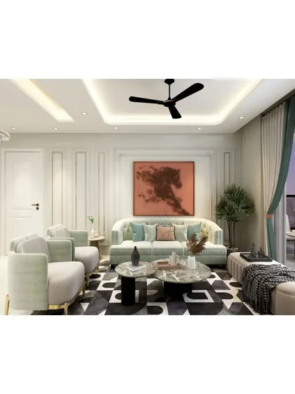 This living room design uses a soft, pastel color palette and a mix of textures to create a calm and inviting atmosphere. The abstract area rug and modern art piece add a layer of personality.