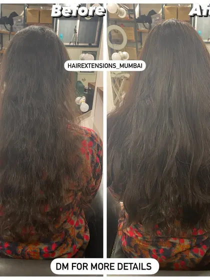 A side-by-side comparison of a permanent extension service. The 'after' image shows fuller, healthier-looking hair with added volume and texture.