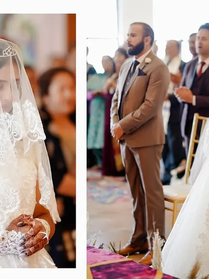 A diptych of the bride during her Christian wedding ceremony. These photos capture her quiet prayers and the solemnity of the vows.