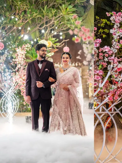 The couple's reception entrance, complete with cold pyro fireworks. This shot captures the excitement and grandeur of their celebration.