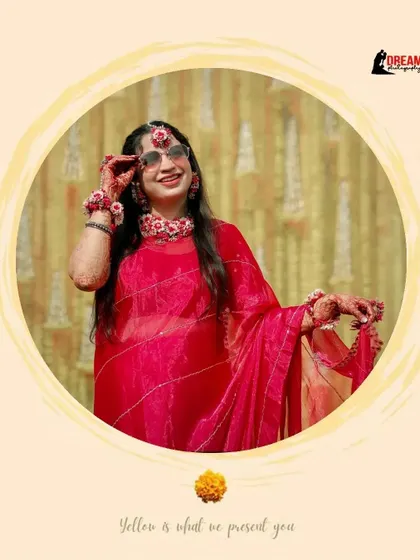 A playful portrait of Ahana at her Haldi, framed in a circular design, capturing her fun-loving spirit.