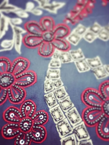 I love this stunning combination of red and grey. This is a sample of our Katdaana and bead handwork, perfect for creating unique traditional and Indo-Western wear.