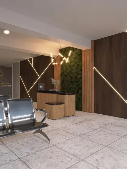 The first impression matters. This is a 3D render of a reception and waiting area we designed, featuring a green wall, modern lighting, and geometric wall patterns to create a welcoming and professional entry point for a business.