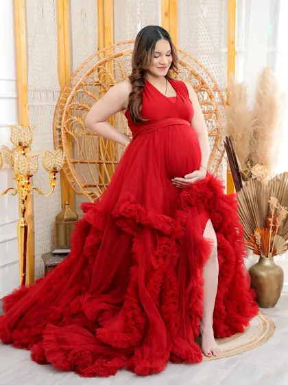 A series of solo portraits showcasing the vibrant and dramatic red gown from my client closet, styled in different ways from regal to romantic.