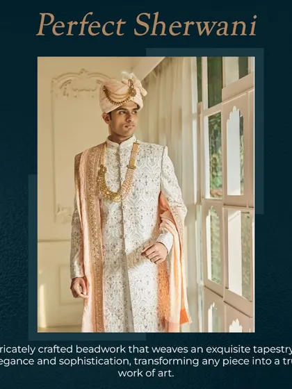 The perfect sherwani is a work of art. This image highlights the intricate beadwork and exquisite tapestry of elegance that we weave into every piece.