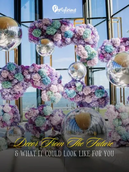 Decor from the future. This image shows how mirror balls can be combined with floral clouds to create a futuristic and ethereal art installation.