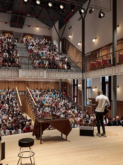 A render of the completed Parker Hall, illustrating our vision for a modern performance venue within a historic shell. The design integrates state-of-the-art acoustics and theatre systems while respecting the original architectural elements of the space.