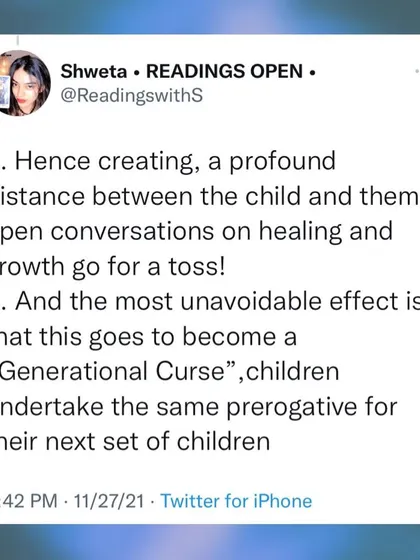 A screenshot of my tweet about generational curses. When parents dodge accountability, it creates distance and passes down the same unhealthy patterns to their children.