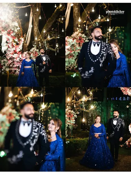 A collage of the couple, Tanya and Rishabh, in their stunning royal blue reception outfits, set against a backdrop of enchanting fairy lights and floral decor.