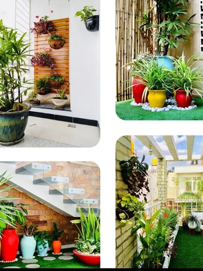 This collection of images shows the versatility of our balcony designs, from vertical wood slat planters and under-stair gardens to colorful pot arrangements on artificial turf.