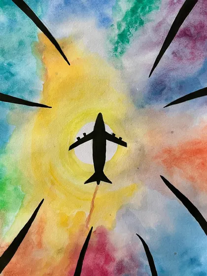 Another perspective of the travel-themed watercolor, focusing on the dynamic energy of the sky.